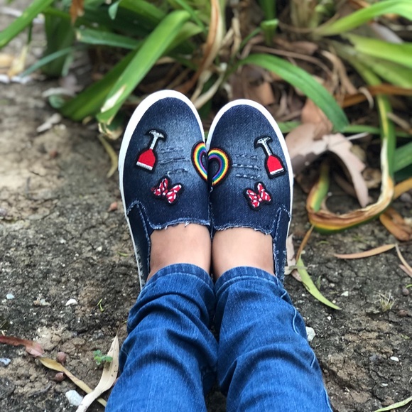 DENIM  DISTRESSED 🌈 RAINBOW MINI SLIP ON SNEAKERS - Picture 5 of 8